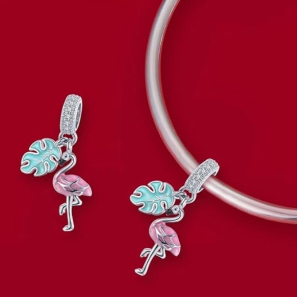 Summer Flamingo with tropical leaf charm sterling silver for Pandora bracelet - Picture 2 of 3